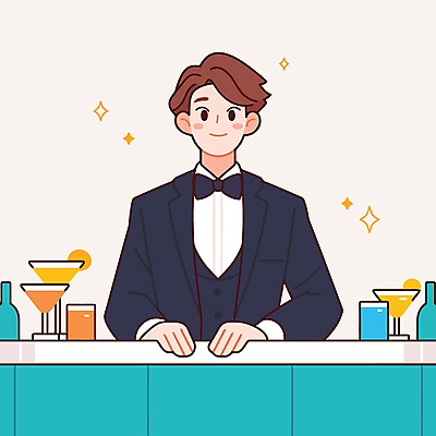 직업 남자 술잔 일러스트 탁자 나비넥타이 술병 주류 한명 미소 정장 상반신 성인 반짝임 칵테일 바 술집 바텐더 성인남자한명만 일러캐릭터 AI파일 캐릭터 1 옷 음료 가구 모션 넥타이 병_용기 잔 표정 사람 남자한명만 성인남자만 파일형식 벡터