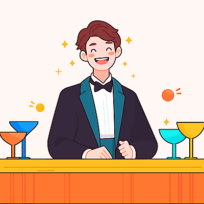 직업 남자 술잔 일러스트 탁자 나비넥타이 주류 한명 미소 정장 상반신 성인 반짝임 칵테일 바 술집 바텐더 성인남자한명만 일러캐릭터 AI파일 캐릭터 1 옷 음료 가구 모션 넥타이 잔 표정 사람 남자한명만 성인남자만 파일형식 벡터