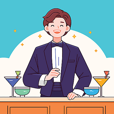 직업 남자 술잔 일러스트 탁자 나비넥타이 술병 주류 한명 미소 정장 상반신 성인 반짝임 칵테일 바 술집 바텐더 성인남자한명만 일러캐릭터 AI파일 캐릭터 1 옷 음료 가구 모션 넥타이 병_용기 잔 표정 사람 남자한명만 성인남자만 파일형식 벡터