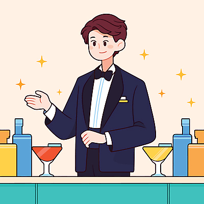 직업 남자 술잔 일러스트 탁자 나비넥타이 술병 주류 한명 미소 정장 상반신 성인 반짝임 손들기 칵테일 바 술집 바텐더 성인남자한명만 일러캐릭터 AI파일 캐릭터 1 옷 음료 가구 모션 넥타이 병_용기 잔 표정 사람 남자한명만 성인남자만 파일형식 벡터