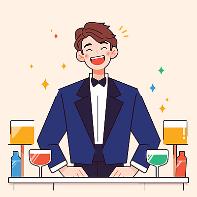 직업 남자 술잔 일러스트 탁자 나비넥타이 술병 주류 한명 미소 정장 상반신 성인 반짝임 칵테일 바 술집 바텐더 성인남자한명만 일러캐릭터 AI파일 캐릭터 1 옷 음료 가구 모션 넥타이 병_용기 잔 표정 사람 남자한명만 성인남자만 파일형식 벡터
