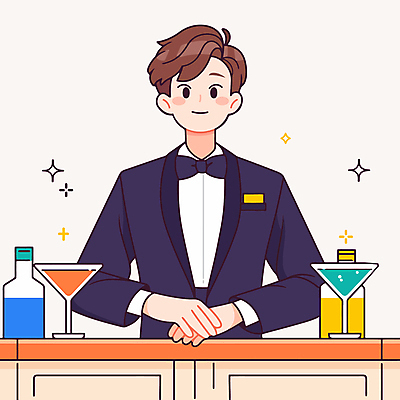 직업 남자 술잔 일러스트 탁자 나비넥타이 술병 주류 한명 미소 정장 상반신 성인 반짝임 칵테일 바 술집 바텐더 손모으기 성인남자한명만 일러캐릭터 AI파일 캐릭터 1 옷 음료 가구 모션 넥타이 병_용기 잔 표정 사람 손짓 남자한명만 성인남자만 파일형식 벡터