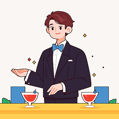 직업 남자 술잔 일러스트 탁자 나비넥타이 주류 한명 미소 정장 상반신 성인 반짝임 손들기 칵테일 바 술집 바텐더 성인남자한명만 일러캐릭터 AI파일 캐릭터 1 옷 음료 가구 모션 넥타이 잔 표정 사람 남자한명만 성인남자만 파일형식 벡터