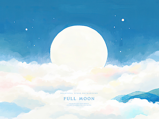 PSD 구름 일러스트 밤하늘 풍경 사람없음 파란색 보름달 감성 정월대보름 산맥 국내일러스트 자연요소 명절 컬러 컨셉 하늘 산 달 야간 파일형식