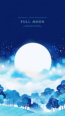 PSD 나무 구름 일러스트 밤하늘 풍경 초원 사람없음 파란색 보름달 숲 감성 정월대보름 국내일러스트 자연요소 식물 명절 컬러 컨셉 하늘 달 야간 파일형식