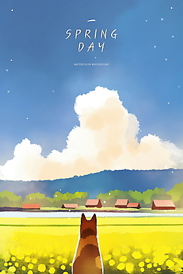 PSD 동물 구름 꽃 일러스트 자연 하늘 산 논 풍경 초원 사람없음 평화 귀여움 봄 농촌 강아지 국내일러스트 자연요소 식물 계절 컨셉 농업 반려동물 시골 개 생태계 파일형식