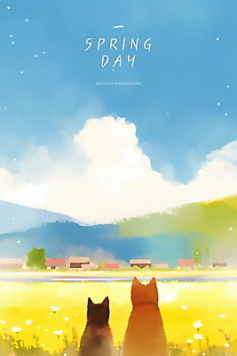 PSD 동물 구름 꽃 일러스트 자연 하늘 산 논 풍경 초원 사람없음 평화 귀여움 봄 농촌 강아지 국내일러스트 자연요소 식물 계절 컨셉 농업 반려동물 시골 개 생태계 파일형식