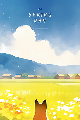 PSD 동물 구름 한마리 꽃밭 일러스트 자연 하늘 산 논 초원 사람없음 귀여움 봄 농촌 강아지 국내일러스트 자연요소 1 계절 꽃 컨셉 농업 반려동물 시골 개 생태계 파일형식