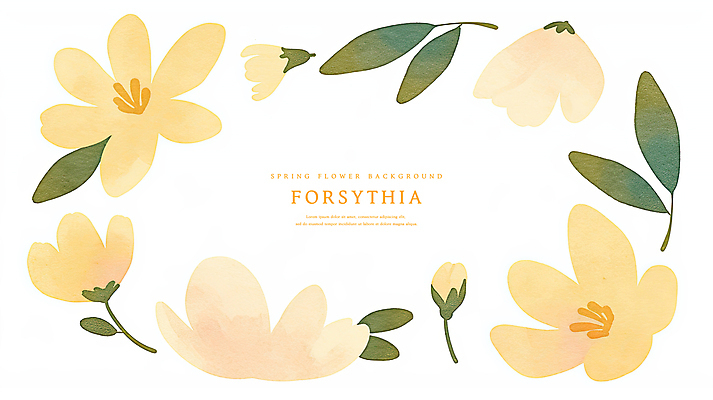 PSD 잎 일러스트 수채화 프레임 사람없음 노란색 봄 개나리 카피스페이스 국내일러스트 식물 계절 꽃 컬러 공백 파일형식