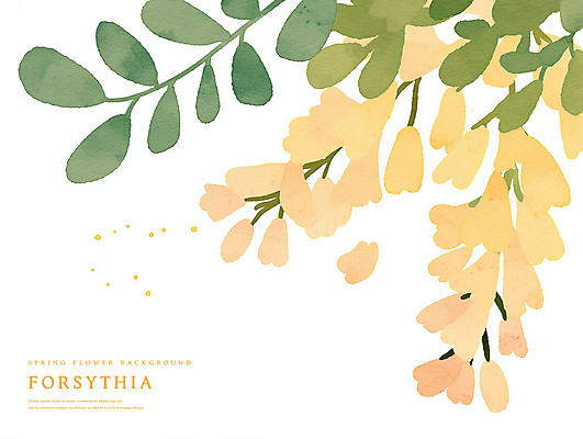 PSD 잎 일러스트 수채화 사람없음 노란색 봄 개나리 국내일러스트 식물 계절 꽃 컬러 파일형식