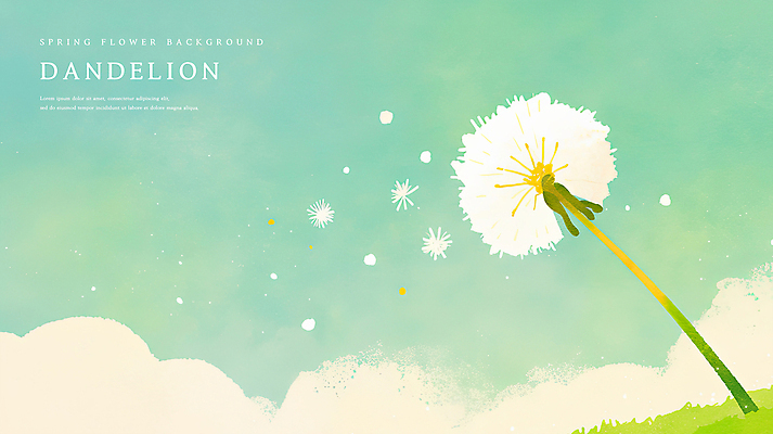 PSD 구름 일러스트 하늘 수채화 초원 사람없음 초록색 파란색 봄 풀 감성 민들레홀씨 국내일러스트 자연요소 식물 계절 컬러 컨셉 민들레 파일형식