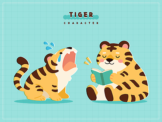 스티커 일러스트 미소 들기 앉기 사람없음 책 반짝임 독서 귀여움 울음 눈물 호랑이캐릭터 민트색 포효 일러캐릭터 AI파일 캐릭터 감정 컬러 동물캐릭터 컨셉 모션 표정 외침 호랑이 파일형식 벡터