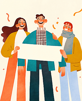 JPG 여자 남자 행복 일러스트 웃음 들기 성인 세명 친구 반짝임 목도리 팻말 즐거움 꽃가루 성인만 어깨에손 카피스페이스 국내일러스트 AI일러스트 AI콘텐츠 잡화 감정 관계 모션 프레임 표정 사람 공백 가루 파일형식