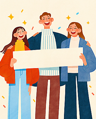 JPG 여자 남자 행복 일러스트 웃음 들기 성인 세명 친구 반짝임 팻말 즐거움 꽃가루 성인만 어깨에손 카피스페이스 국내일러스트 AI일러스트 AI콘텐츠 감정 관계 모션 프레임 표정 사람 공백 가루 파일형식