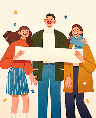 JPG 여자 남자 행복 일러스트 웃음 들기 성인 세명 친구 목도리 팻말 즐거움 꽃가루 성인만 어깨에손 카피스페이스 국내일러스트 AI일러스트 AI콘텐츠 잡화 감정 관계 모션 프레임 표정 사람 공백 가루 파일형식