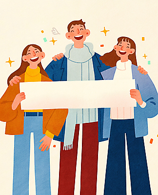 JPG 여자 남자 행복 일러스트 웃음 들기 성인 세명 친구 반짝임 팻말 즐거움 꽃가루 성인만 어깨에손 카피스페이스 국내일러스트 AI일러스트 AI콘텐츠 감정 관계 모션 프레임 표정 사람 공백 가루 파일형식