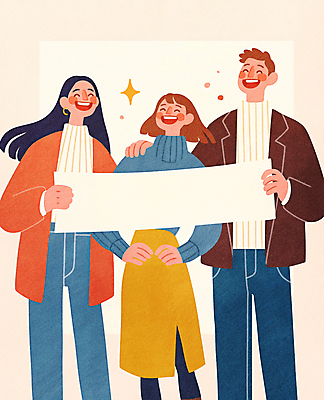 JPG 여자 남자 행복 일러스트 웃음 들기 성인 세명 친구 반짝임 팻말 즐거움 성인만 어깨에손 카피스페이스 국내일러스트 AI일러스트 AI콘텐츠 감정 관계 모션 프레임 표정 사람 공백 파일형식