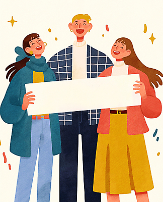 JPG 여자 남자 행복 일러스트 웃음 들기 성인 세명 친구 반짝임 팻말 즐거움 성인만 카피스페이스 국내일러스트 AI일러스트 AI콘텐츠 감정 관계 모션 프레임 표정 사람 공백 파일형식