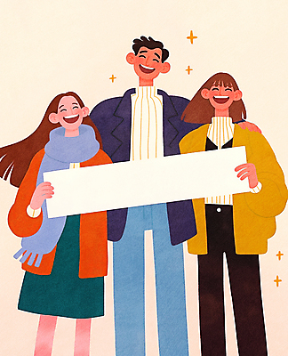 JPG 여자 남자 행복 일러스트 웃음 들기 성인 세명 친구 반짝임 목도리 팻말 즐거움 성인만 어깨에손 카피스페이스 국내일러스트 AI일러스트 AI콘텐츠 잡화 감정 관계 모션 프레임 표정 사람 공백 파일형식