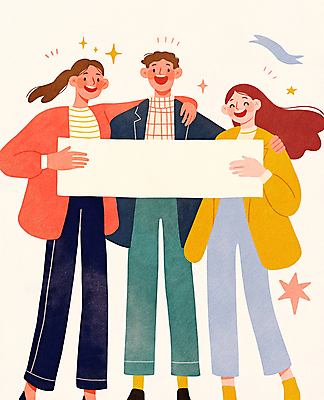 JPG 여자 남자 행복 일러스트 웃음 들기 성인 세명 친구 반짝임 팻말 즐거움 성인만 어깨에손 카피스페이스 국내일러스트 AI일러스트 AI콘텐츠 감정 관계 모션 프레임 표정 사람 공백 파일형식