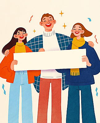 JPG 여자 남자 행복 일러스트 웃음 들기 성인 세명 친구 반짝임 목도리 팻말 즐거움 꽃가루 성인만 어깨에손 카피스페이스 국내일러스트 AI일러스트 AI콘텐츠 잡화 감정 관계 모션 프레임 표정 사람 공백 가루 파일형식