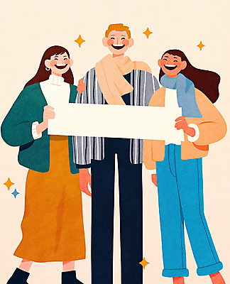 JPG 여자 남자 행복 일러스트 웃음 들기 성인 세명 친구 반짝임 목도리 팻말 즐거움 성인만 카피스페이스 국내일러스트 AI일러스트 AI콘텐츠 잡화 감정 관계 모션 프레임 표정 사람 공백 파일형식