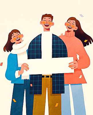 JPG 여자 남자 행복 일러스트 웃음 들기 성인 세명 친구 목도리 팻말 즐거움 꽃가루 성인만 카피스페이스 국내일러스트 AI일러스트 AI콘텐츠 잡화 감정 관계 모션 프레임 표정 사람 공백 가루 파일형식