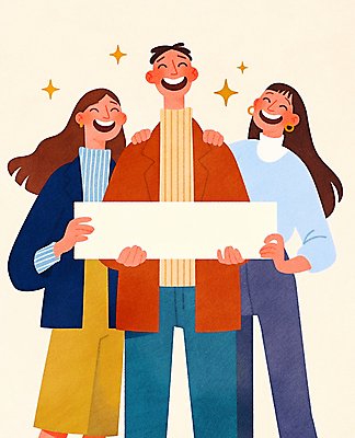 JPG 여자 남자 행복 일러스트 웃음 들기 성인 세명 친구 반짝임 팻말 즐거움 성인만 어깨에손 카피스페이스 국내일러스트 AI일러스트 AI콘텐츠 감정 관계 모션 프레임 표정 사람 공백 파일형식