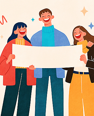 JPG 여자 남자 행복 일러스트 웃음 성인 세명 친구 반짝임 목도리 팻말 즐거움 성인만 어깨에손 카피스페이스 국내일러스트 AI일러스트 AI콘텐츠 잡화 감정 관계 모션 프레임 표정 사람 공백 파일형식