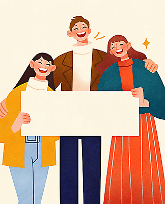 JPG 여자 남자 행복 일러스트 웃음 들기 성인 세명 친구 반짝임 팻말 즐거움 성인만 어깨에손 카피스페이스 국내일러스트 AI일러스트 AI콘텐츠 감정 관계 모션 프레임 표정 사람 공백 파일형식