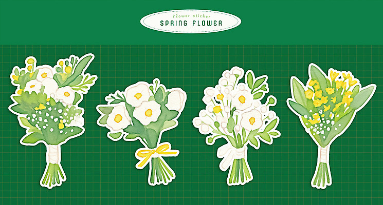 PSD 리본 꽃다발 스티커 잎 일러스트 봄꽃 수채화 사람없음 초록색 오브젝트 국내일러스트 식물 꽃 컬러 봄 파일형식