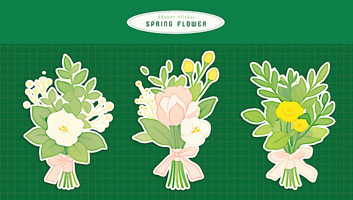 PSD 리본 꽃다발 스티커 잎 일러스트 봄꽃 수채화 사람없음 초록색 오브젝트 국내일러스트 식물 꽃 컬러 봄 파일형식