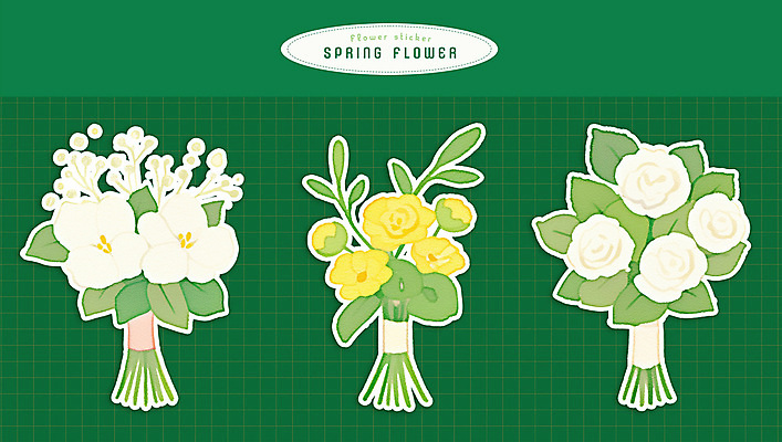 PSD 꽃다발 스티커 잎 일러스트 봄꽃 수채화 사람없음 초록색 오브젝트 국내일러스트 식물 꽃 컬러 봄 파일형식