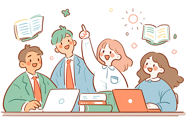 JPG 여자 남자 대학생 일러스트 협력 미소 앉기 여러명 성인 책 노트북 태양 가리킴 성인만 국내일러스트 AI일러스트 AI콘텐츠 자연요소 학생 다수 모션 표정 사람 손짓 전자제품 파일형식