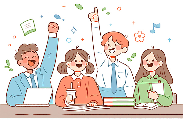 JPG 여자 남자 대학생 잎 일러스트 협력 미소 여러명 성인 책 노트북 반짝임 손들기 가리킴 깃발 잡기 책상 테이크아웃컵 성인만 국내일러스트 AI일러스트 AI콘텐츠 식물 학생 가구 다수 모션 표정 사람 손짓 컵 전자제품 파일형식