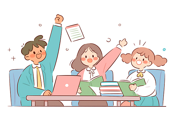 JPG 학생 여자 남자 의자 일러스트 청소년 협력 미소 들기 앉기 책 세명 파란색 노트북 손들기 잡기 책상 십대만 국내일러스트 AI일러스트 AI콘텐츠 컬러 가구 모션 표정 사람 전자제품 파일형식