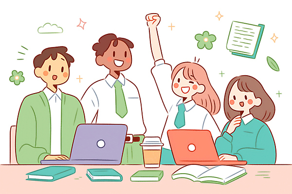 JPG 여자 남자 꽃 잎 일러스트 협력 윙크 여러명 성인 책 노트북 반짝임 손들기 테이크아웃컵 성인만 국내일러스트 AI일러스트 AI콘텐츠 식물 다수 모션 표정 사람 컵 전자제품 파일형식