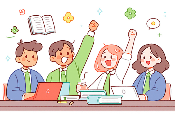 JPG 여자 남자 꽃 대학생 말풍선 일러스트 협력 미소 들기 여러명 성인 책 컵 노트북 반짝임 노란색 손들기 책상 성인만 국내일러스트 AI일러스트 AI콘텐츠 식물 학생 식기 컬러 가구 다수 모션 표정 사람 전자제품 파일형식