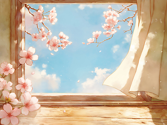 JPG 구름 일러스트 창문 자연 하늘 사람없음 햇빛 봄풍경 벚꽃 나뭇가지 커튼 국내일러스트 AI일러스트 AI콘텐츠 자연요소 나무 꽃 풍경 태양 봄 생태계 파일형식