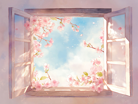 JPG 구름 일러스트 창문 자연 하늘 사람없음 햇빛 봄풍경 벚꽃 나뭇가지 국내일러스트 AI일러스트 AI콘텐츠 자연요소 나무 꽃 풍경 태양 봄 생태계 파일형식