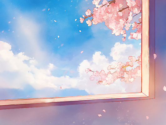 JPG 구름 일러스트 창문 자연 하늘 사람없음 햇빛 봄풍경 벚꽃 나뭇가지 국내일러스트 AI일러스트 AI콘텐츠 자연요소 나무 꽃 풍경 태양 봄 생태계 파일형식
