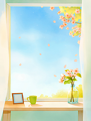 JPG 액자 일러스트 창문 자연 탁자 하늘 나뭇잎 사람없음 컵 햇빛 꽃병 봄풍경 벚꽃 나뭇가지 커튼 국내일러스트 AI일러스트 AI콘텐츠 나무 식기 꽃 가구 잎 풍경 태양 봄 생태계 파일형식