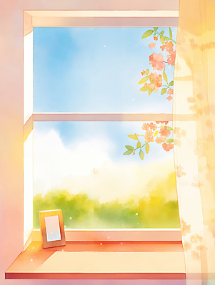 JPG 액자 일러스트 창문 자연 하늘 나뭇잎 사람없음 햇빛 봄풍경 벚꽃 커튼 국내일러스트 AI일러스트 AI콘텐츠 꽃 잎 풍경 태양 봄 생태계 파일형식