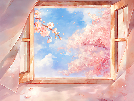 JPG 구름 일러스트 창문 자연 하늘 사람없음 햇빛 봄풍경 벚꽃 나뭇가지 커튼 국내일러스트 AI일러스트 AI콘텐츠 자연요소 나무 꽃 풍경 태양 봄 생태계 파일형식