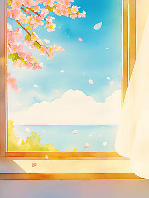 JPG 구름 바다 일러스트 창문 자연 하늘 나뭇잎 사람없음 햇빛 봄풍경 벚꽃 나뭇가지 커튼 국내일러스트 AI일러스트 AI콘텐츠 자연요소 나무 꽃 잎 풍경 태양 봄 생태계 파일형식