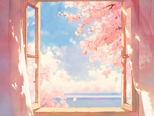 JPG 구름 바다 일러스트 창문 자연 하늘 사람없음 햇빛 봄풍경 벚꽃 나뭇가지 커튼 국내일러스트 AI일러스트 AI콘텐츠 자연요소 나무 꽃 풍경 태양 봄 생태계 파일형식