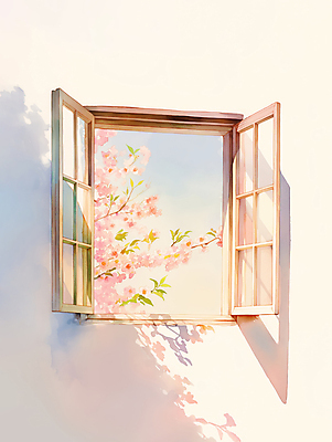 JPG 일러스트 창문 자연 하늘 그림자 사람없음 햇빛 봄풍경 벚꽃 국내일러스트 AI일러스트 AI콘텐츠 꽃 풍경 태양 봄 생태계 파일형식