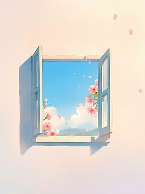 JPG 구름 일러스트 창문 자연 하늘 사람없음 햇빛 봄풍경 벚꽃 국내일러스트 AI일러스트 AI콘텐츠 자연요소 꽃 풍경 태양 봄 생태계 파일형식