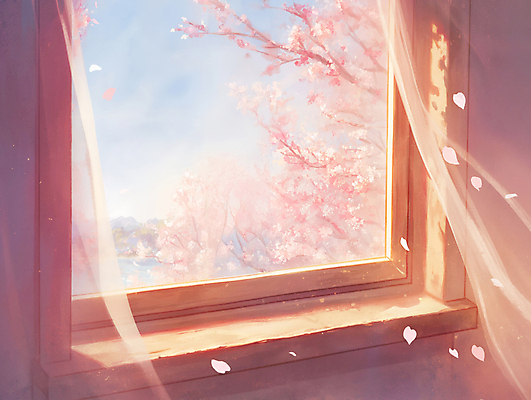 JPG 일러스트 창문 자연 하늘 사람없음 햇빛 봄풍경 벚꽃 나뭇가지 커튼 국내일러스트 AI일러스트 AI콘텐츠 나무 꽃 풍경 태양 봄 생태계 파일형식
