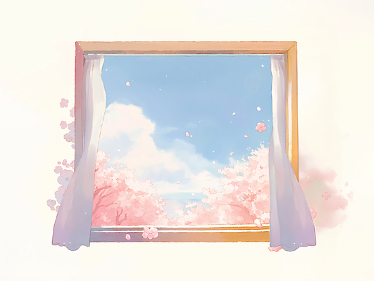 JPG 구름 일러스트 창문 자연 하늘 사람없음 햇빛 봄풍경 벚꽃 커튼 국내일러스트 AI일러스트 AI콘텐츠 자연요소 꽃 풍경 태양 봄 생태계 파일형식